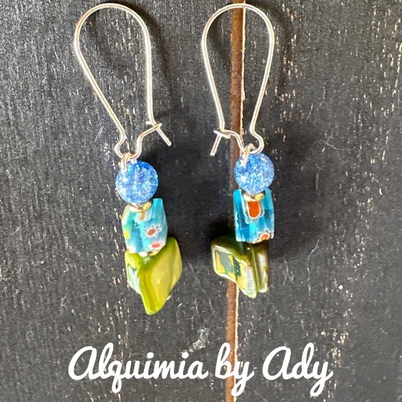 Apple green biwa pearl Alquimia Blue and Silver Earrings crackled quartz - Picture 1 of 1